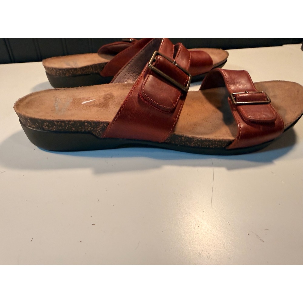 Dansko Womens 40 Red Brown Leather Double Buckle Slide Sandals Cork Footbed